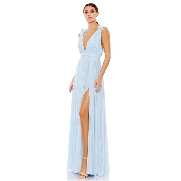 NWT Mac Duggal Pleated Chiffon Sleeveless V-Neck Gown Powder Blue 2 #9835 - Picture 1 of 8